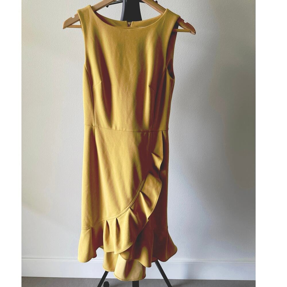 Calvin Klein Women’s Ruffle Sheath Dress Mustard Yellow Sleeveless Size 4